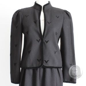 Louis Feraud Jacket Open Blazer Cropped Black Wool Velvet Trim Sz 36 Vintage 90s